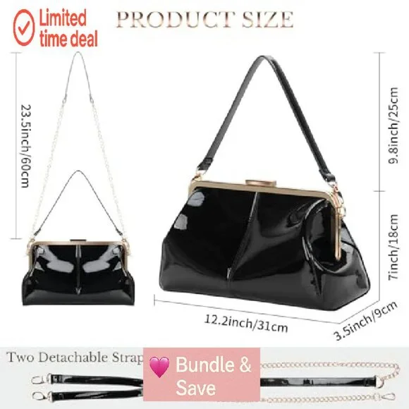 Vintage Kiss Lock Patent Leather Evening Clutch with Two Straps